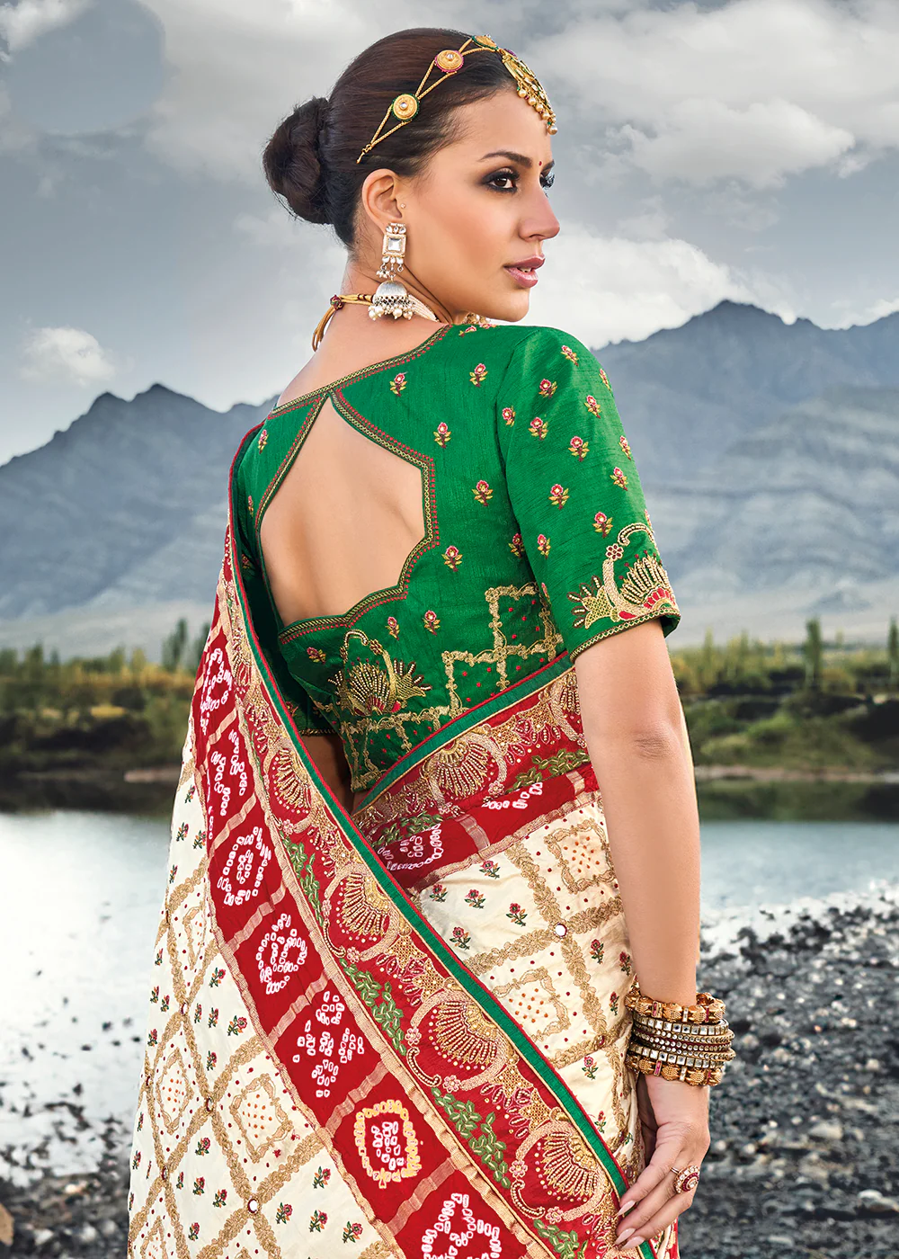 Traditional Cream Embroidered Kachhi Bandhej Sateen Saree - Image 3