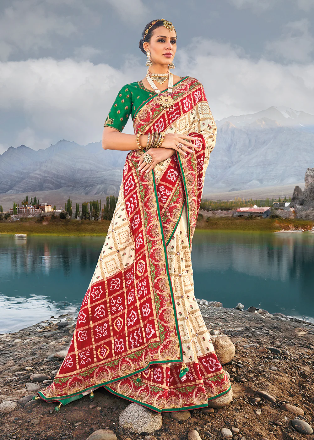 Traditional Cream Embroidered Kachhi Bandhej Sateen Saree - Image 4