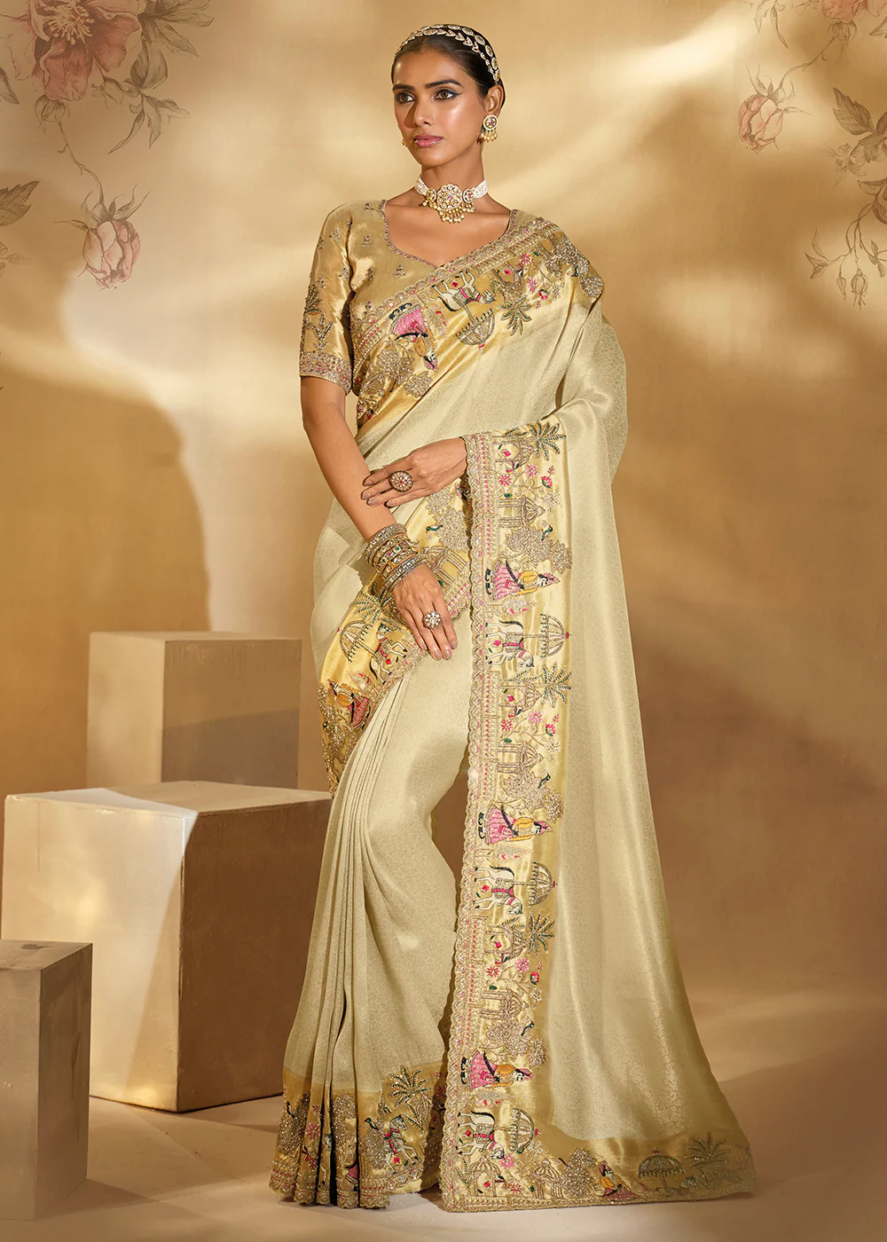 Traditional Cream Heavy Embroidered Wedding Bridal Saree