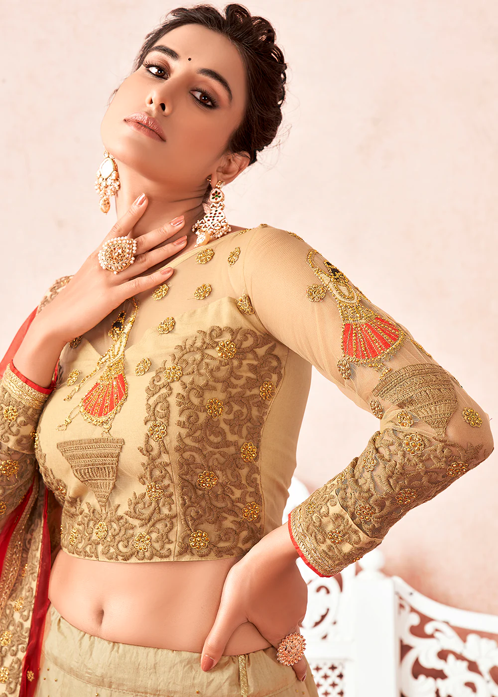 Traditional Cream & Maroon Kalidar Embroidered Net Lehenga Choli - Image 2