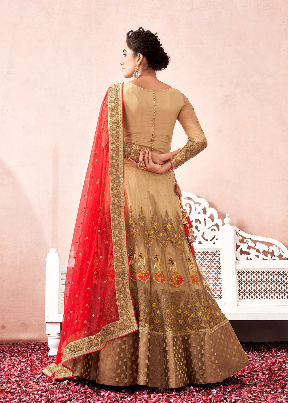 Traditional Cream & Maroon Kalidar Embroidered Net Lehenga Choli - Image 3