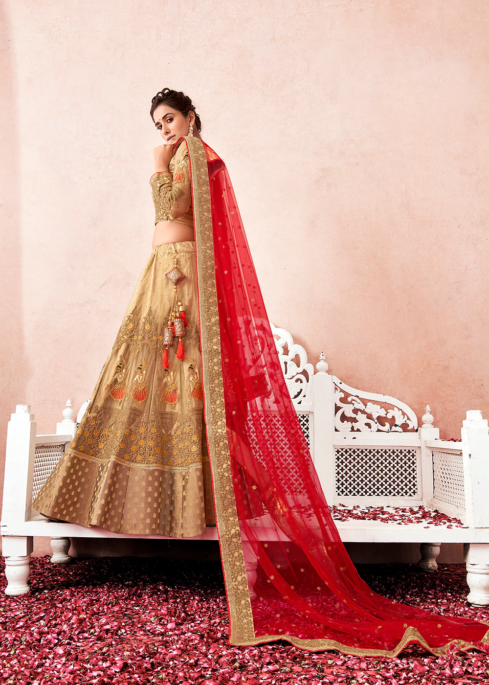 Traditional Cream & Maroon Kalidar Embroidered Net Lehenga Choli - Image 4