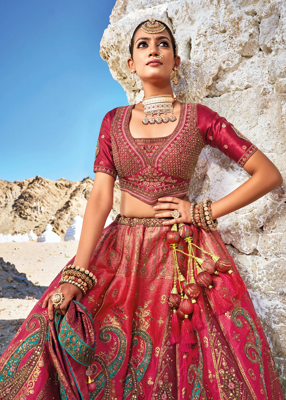 Traditional Deep Pink Banarasi Silk Embroidered Bridal Lehenga Choli - Image 2