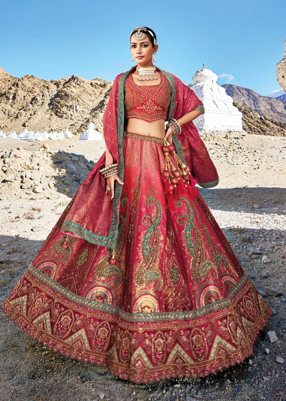 Traditional Deep Pink Banarasi Silk Embroidered Bridal Lehenga Choli - Image 3
