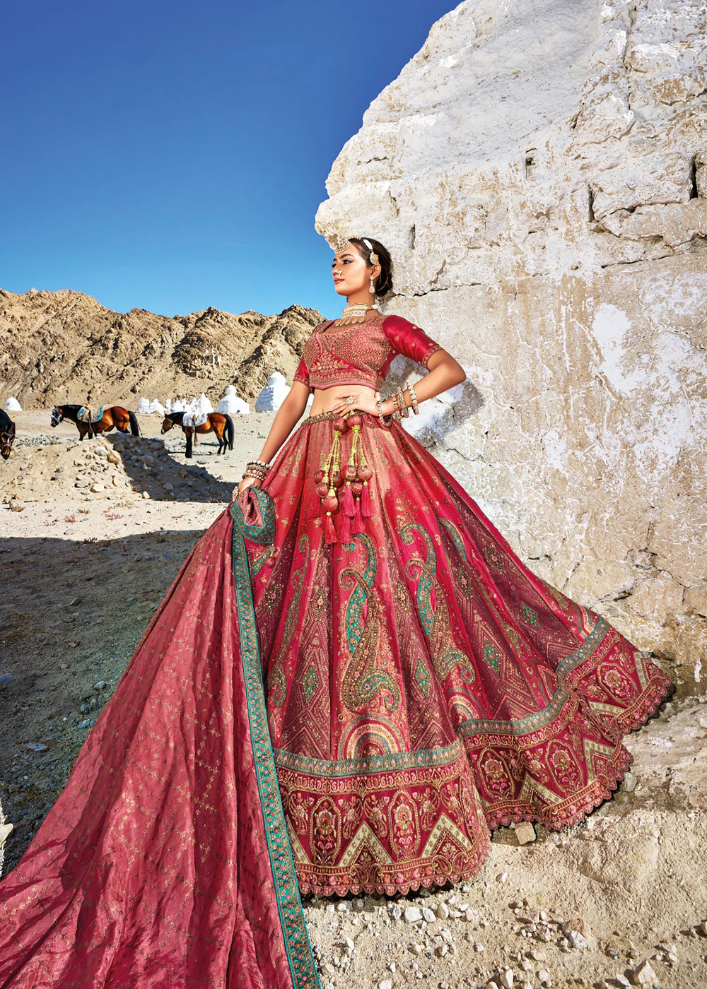 Traditional Deep Pink Banarasi Silk Embroidered Bridal Lehenga Choli - Image 4