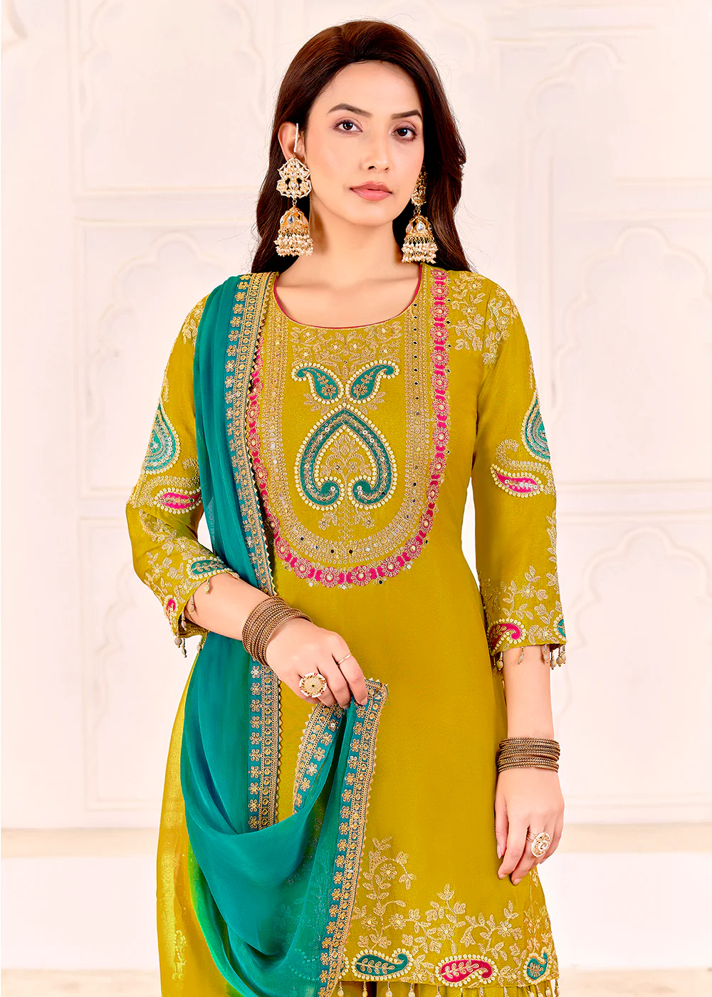 Traditional Embroidered Green Ceremonial Palazzo Suit - Image 2