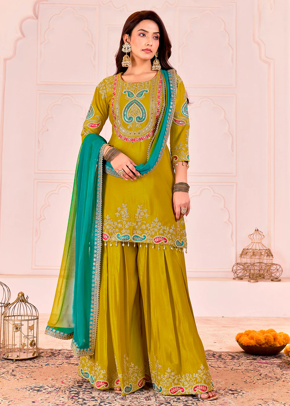 Traditional Embroidered Green Ceremonial Palazzo Suit - Image 3