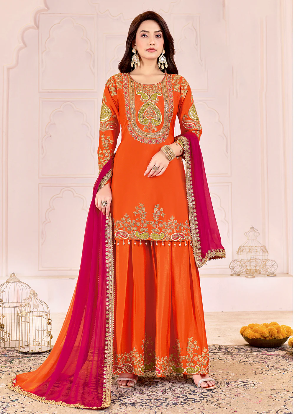 Traditional Embroidered Orange Ceremonial Palazzo Suit