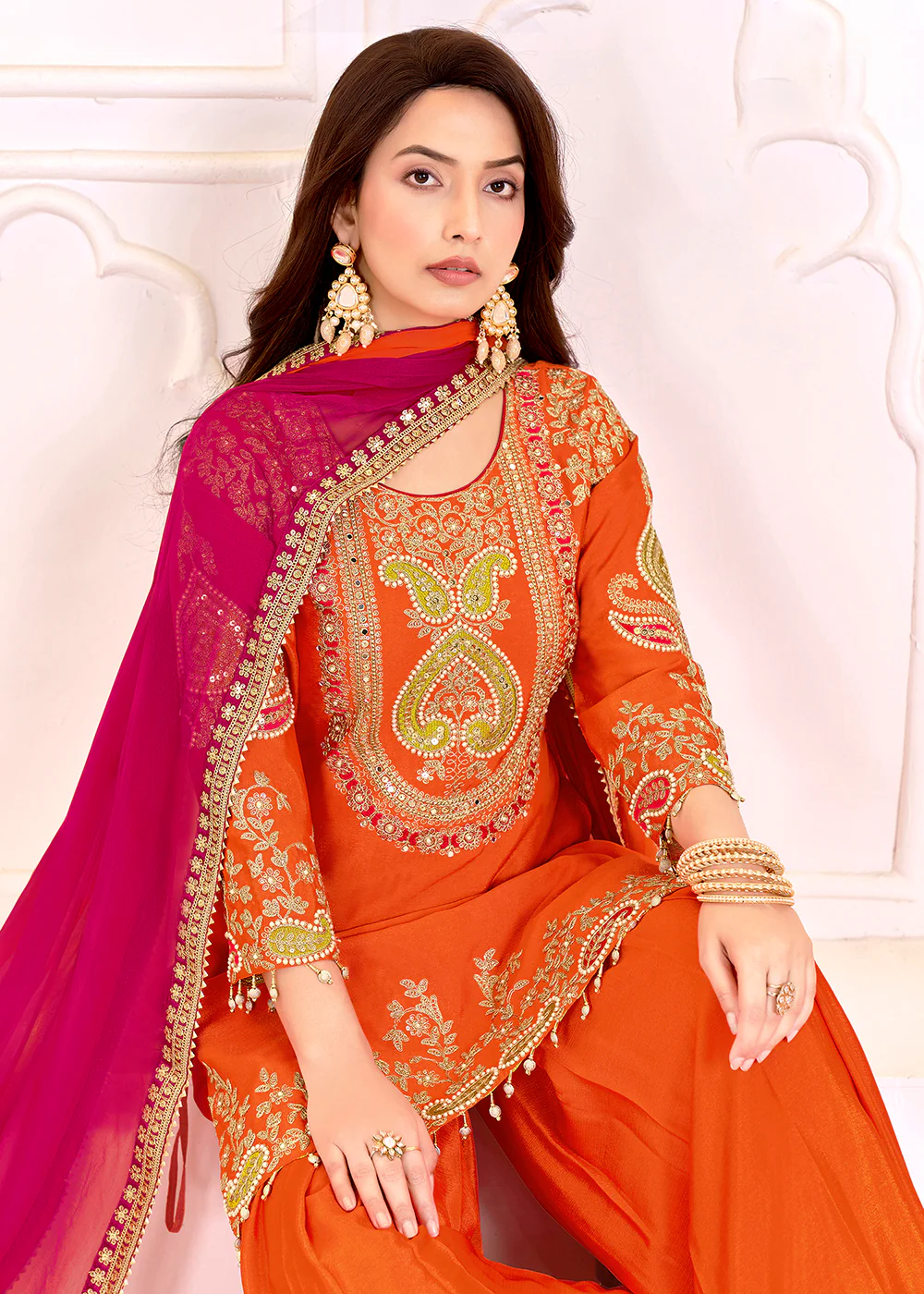 Traditional Embroidered Orange Ceremonial Palazzo Suit - Image 2