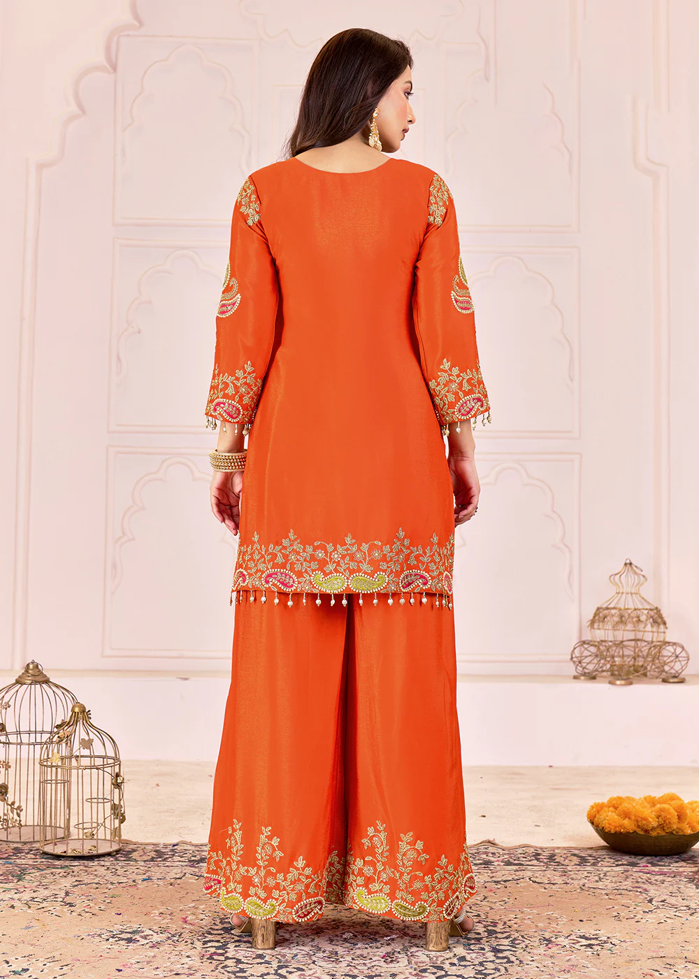 Traditional Embroidered Orange Ceremonial Palazzo Suit - Image 3