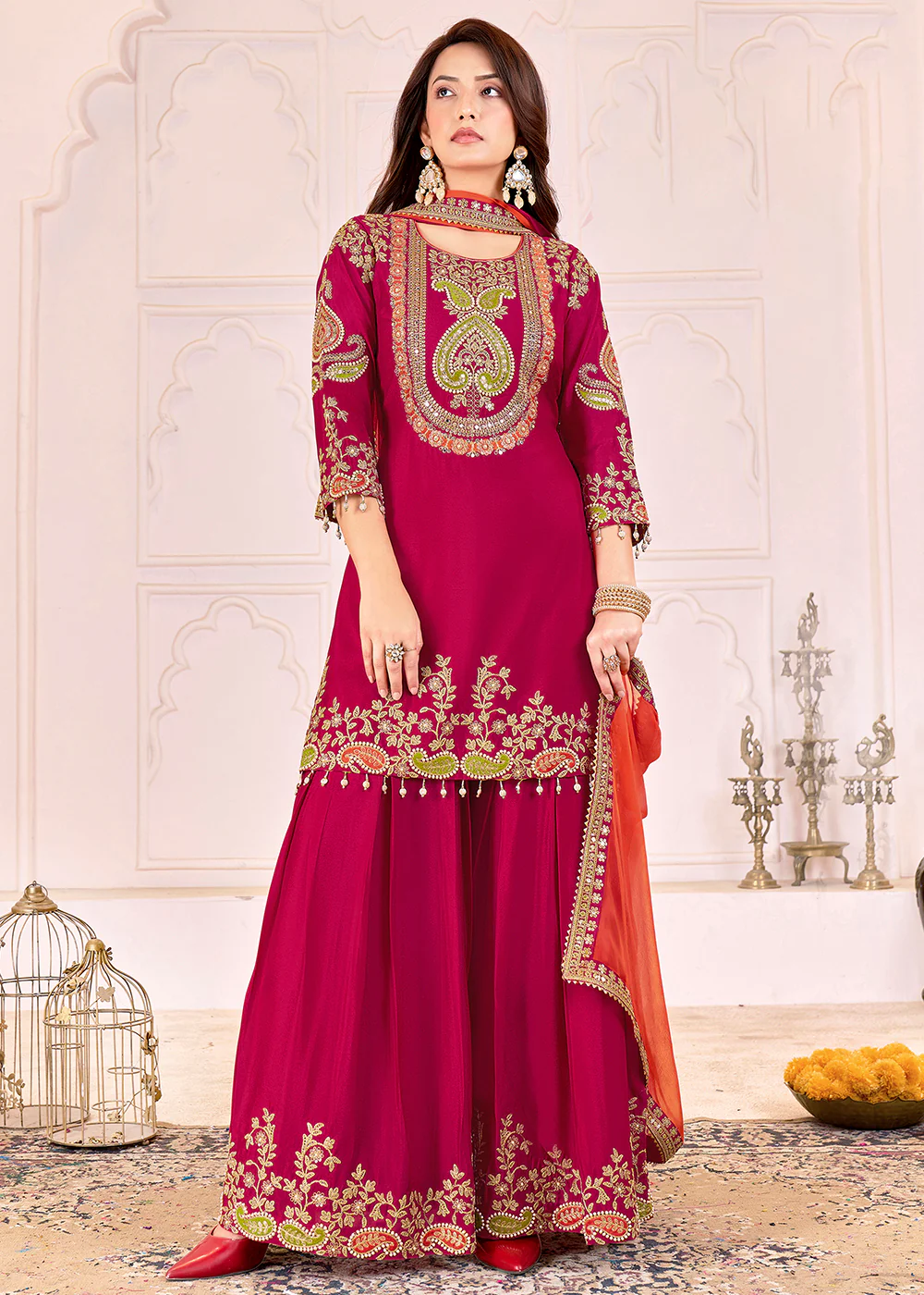 Traditional Embroidered Pink Ceremonial Palazzo Suit