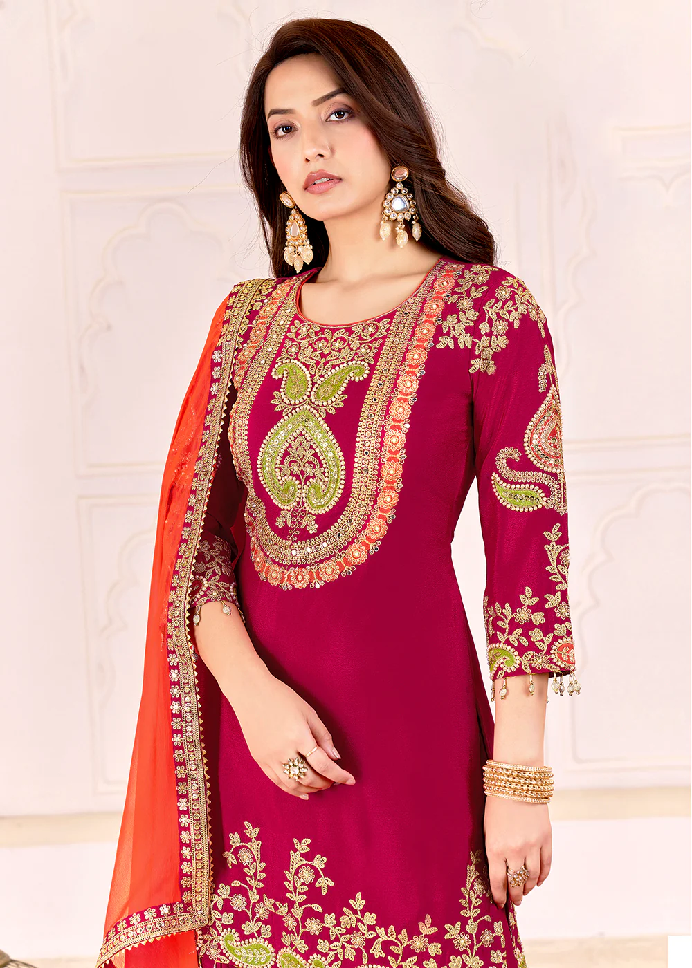Traditional Embroidered Pink Ceremonial Palazzo Suit - Image 2