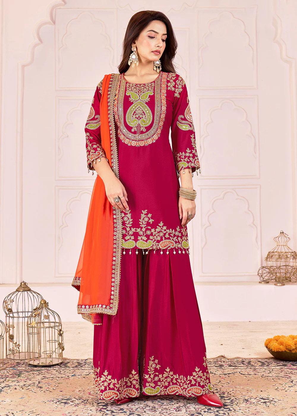 Traditional Embroidered Pink Ceremonial Palazzo Suit - Image 3