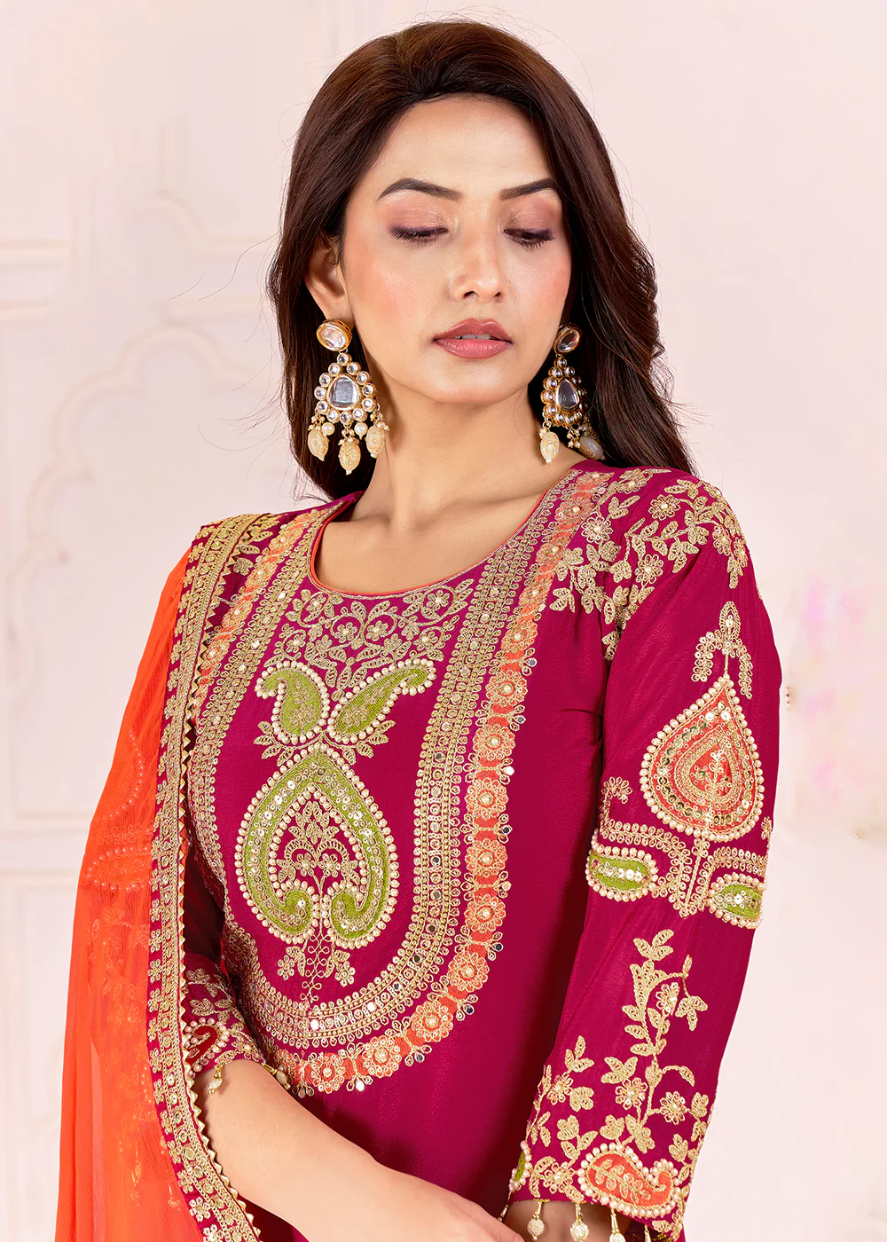 Traditional Embroidered Pink Ceremonial Palazzo Suit - Image 4