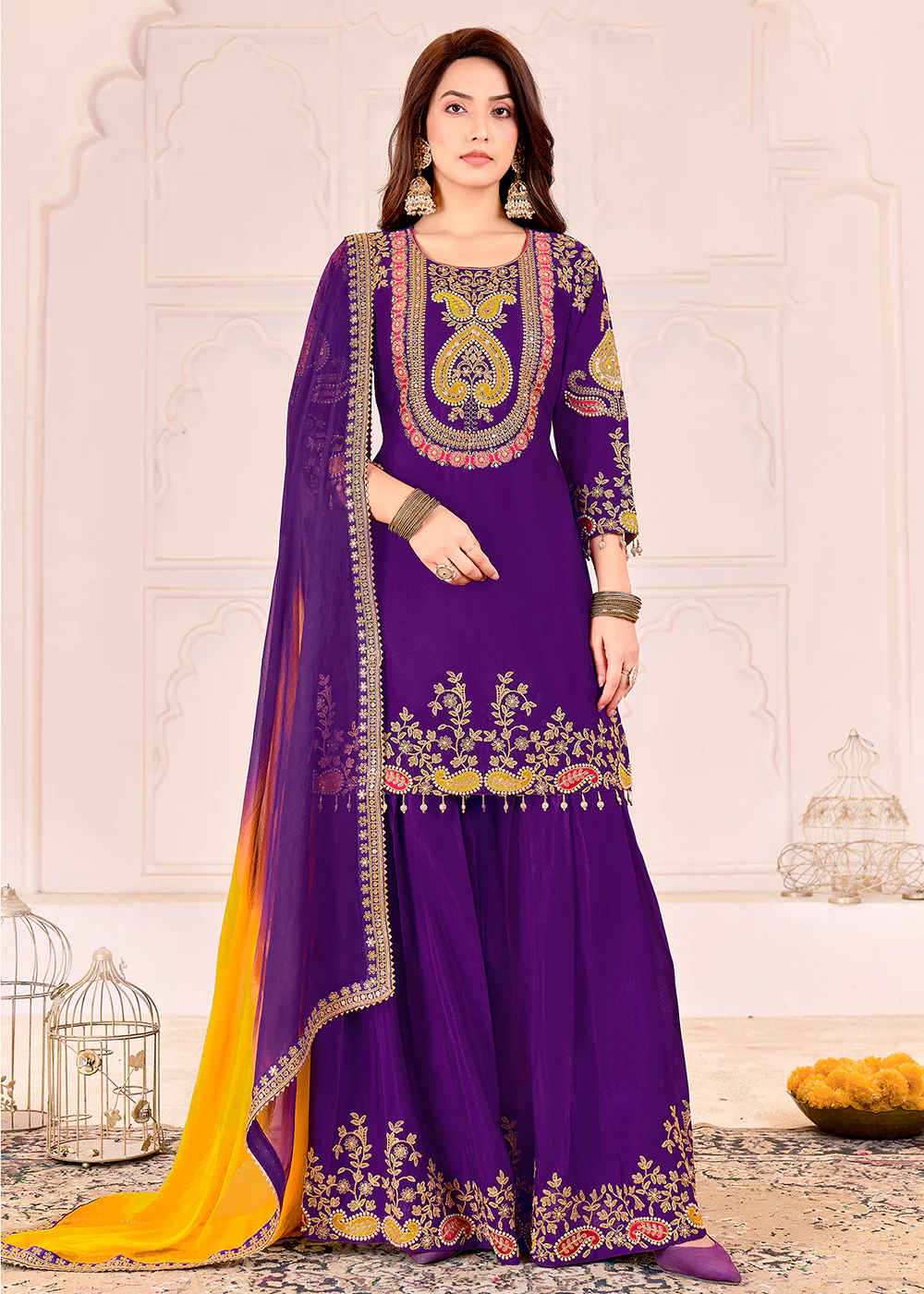 Traditional Embroidered Purple Ceremonial Palazzo Suit