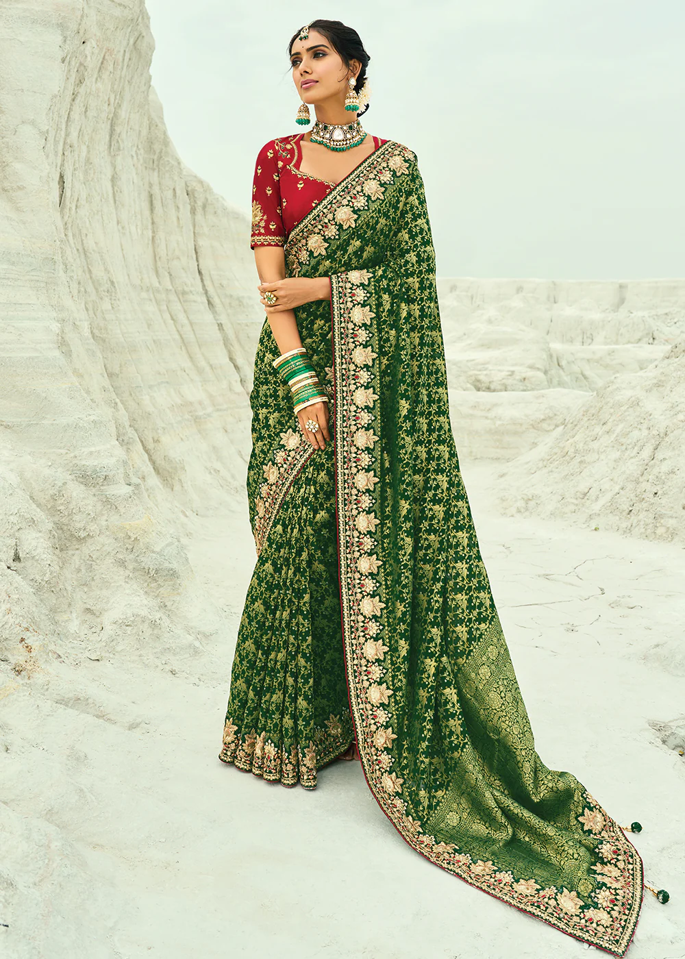 Traditional Green Embroidered Bandhej Designer Saree