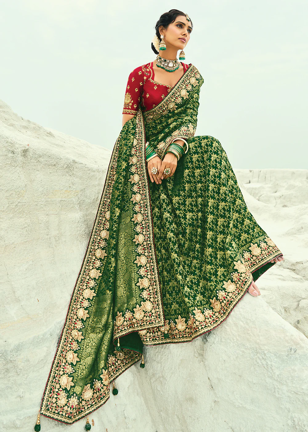 Traditional Green Embroidered Bandhej Designer Saree - Image 4