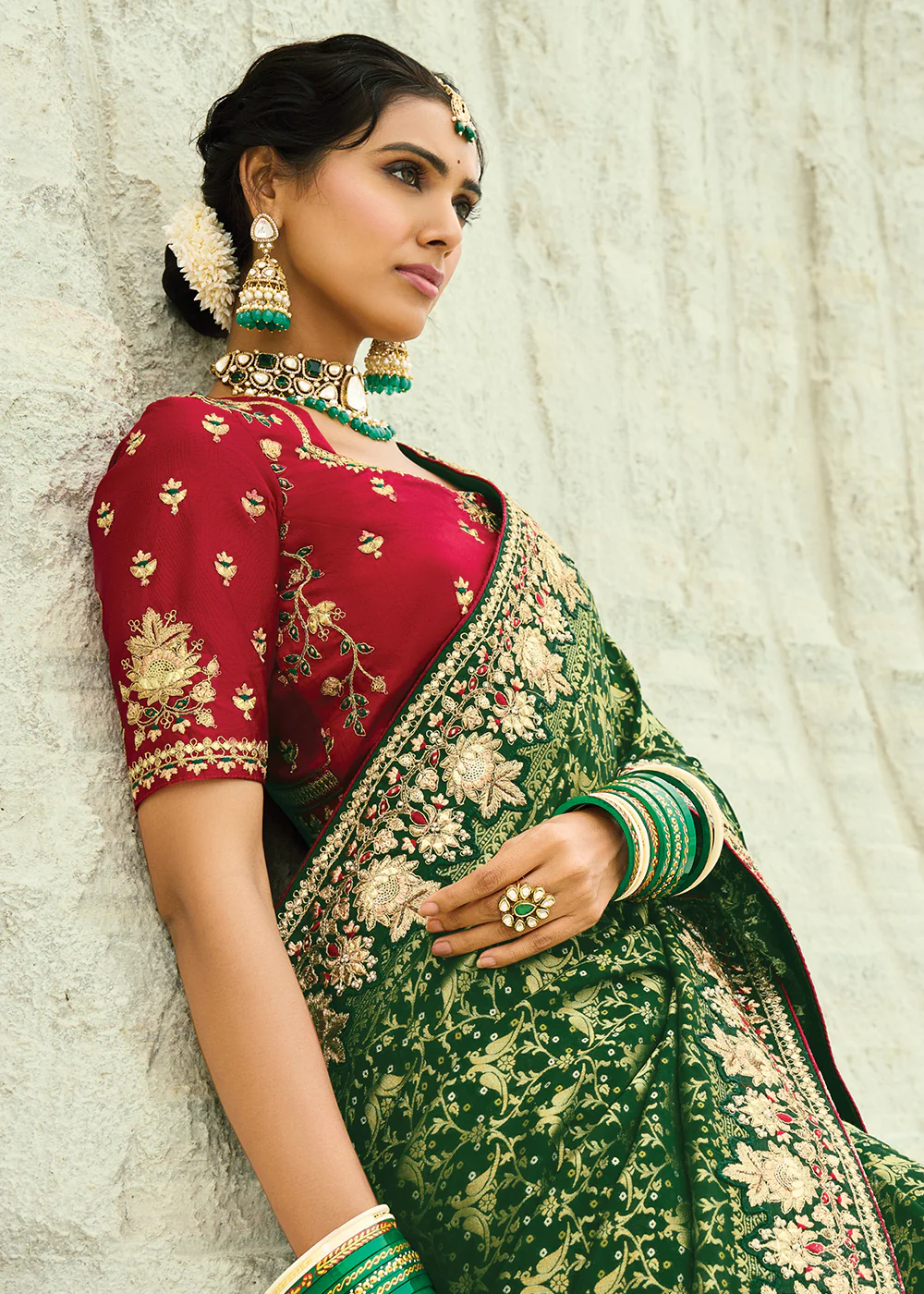 Traditional Green Embroidered Bandhej Designer Saree - Image 5
