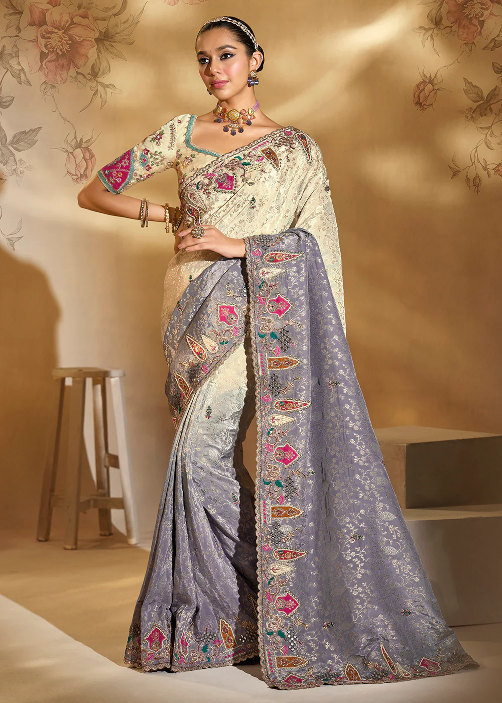 Traditional Grey & Cream Heavy Embroidered Wedding Bridal Saree