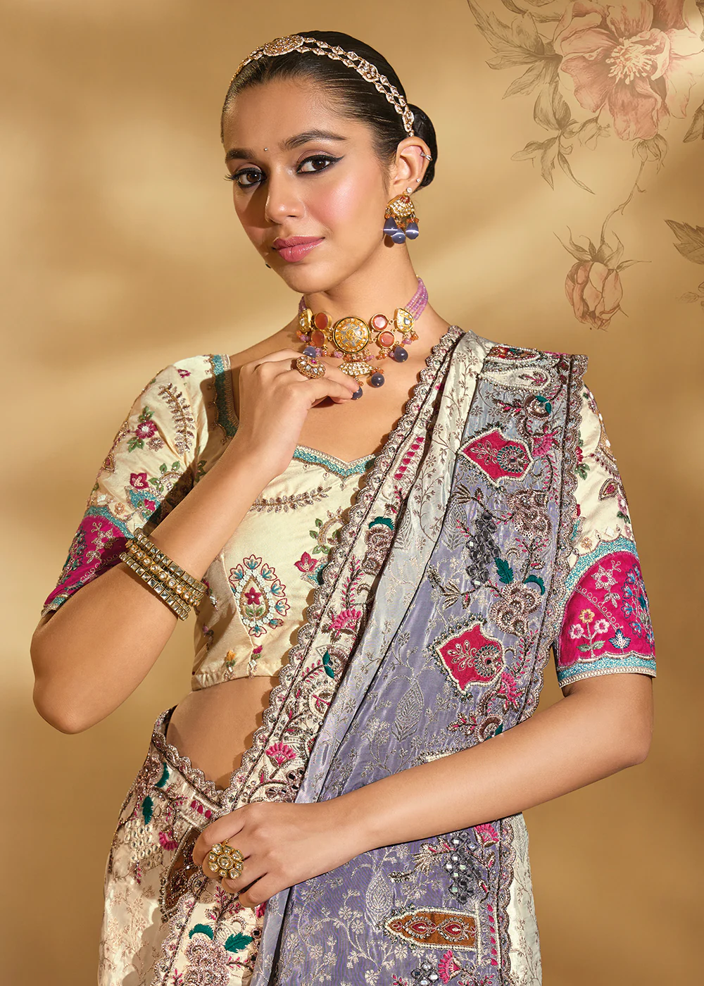Traditional Grey & Cream Heavy Embroidered Wedding Bridal Saree - Image 2