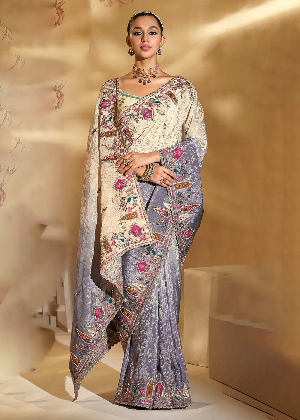 Traditional Grey & Cream Heavy Embroidered Wedding Bridal Saree - Image 4