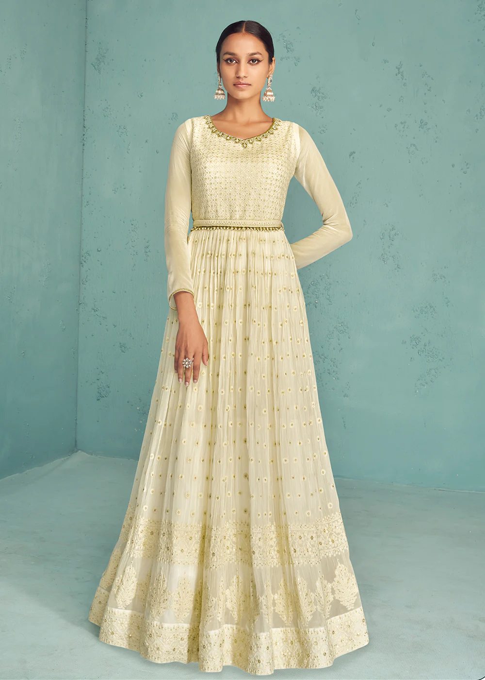 Traditional Ivory Beige Georgette Embroidered Anarkali Suit