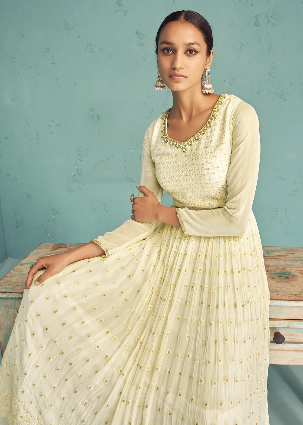 Traditional Ivory Beige Georgette Embroidered Anarkali Suit - Image 2