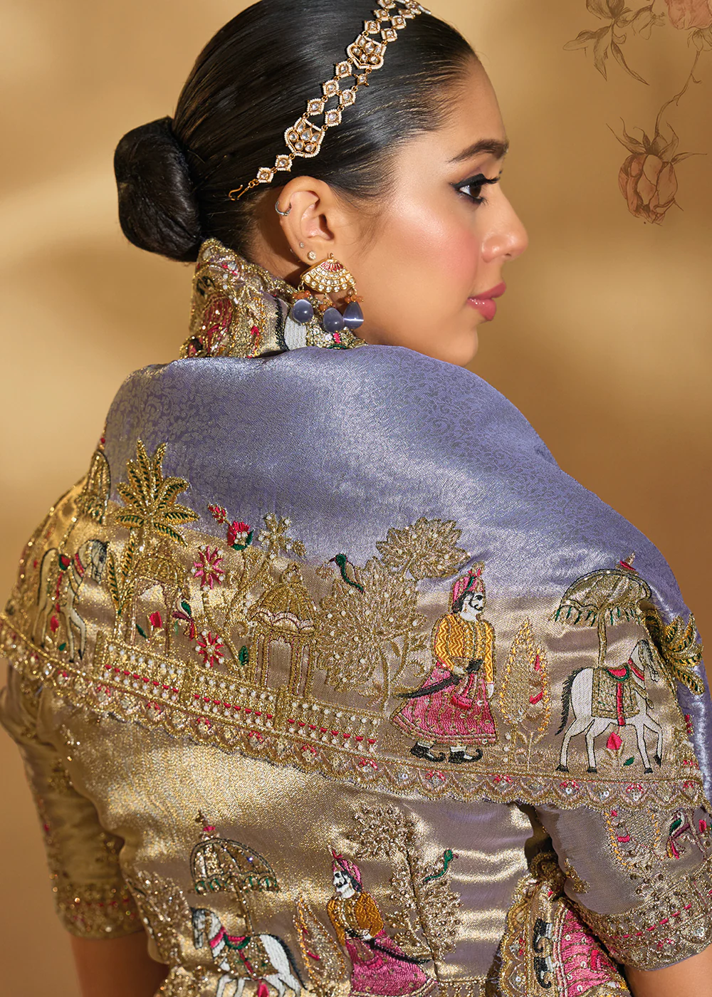Traditional Lavender Heavy Embroidered Wedding Bridal Saree - Image 3