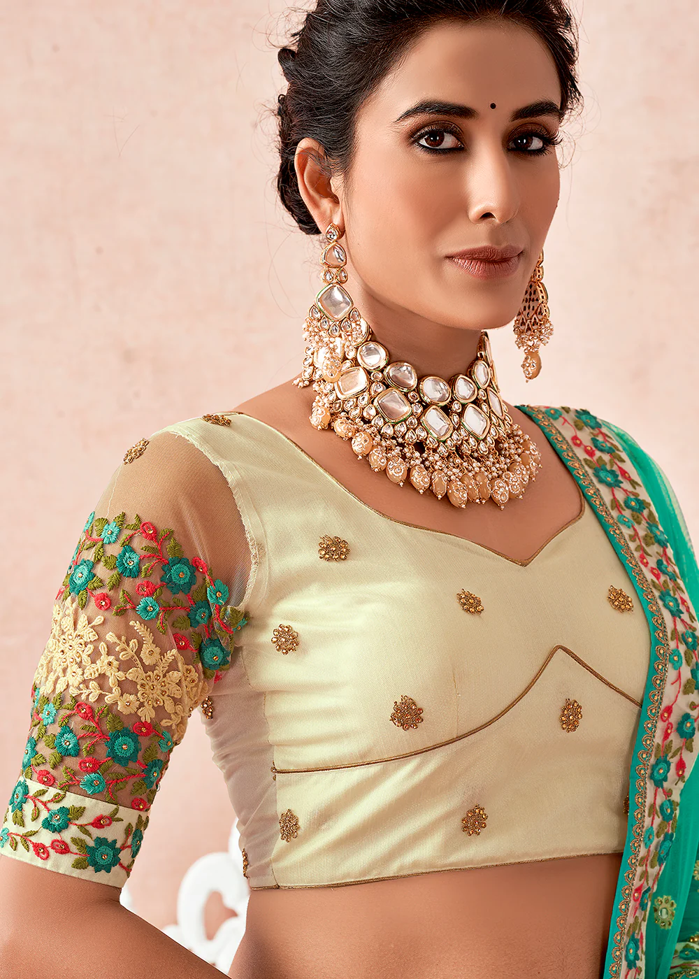 Traditional Light Cream Kalidar Embroidered Net Lehenga Choli - Image 2