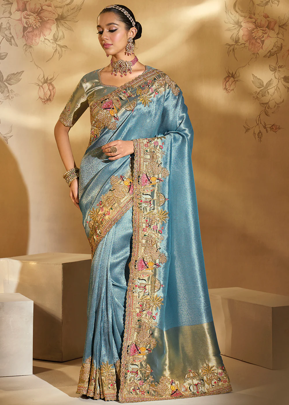 Traditional Livid Blue Heavy Embroidered Wedding Bridal Saree