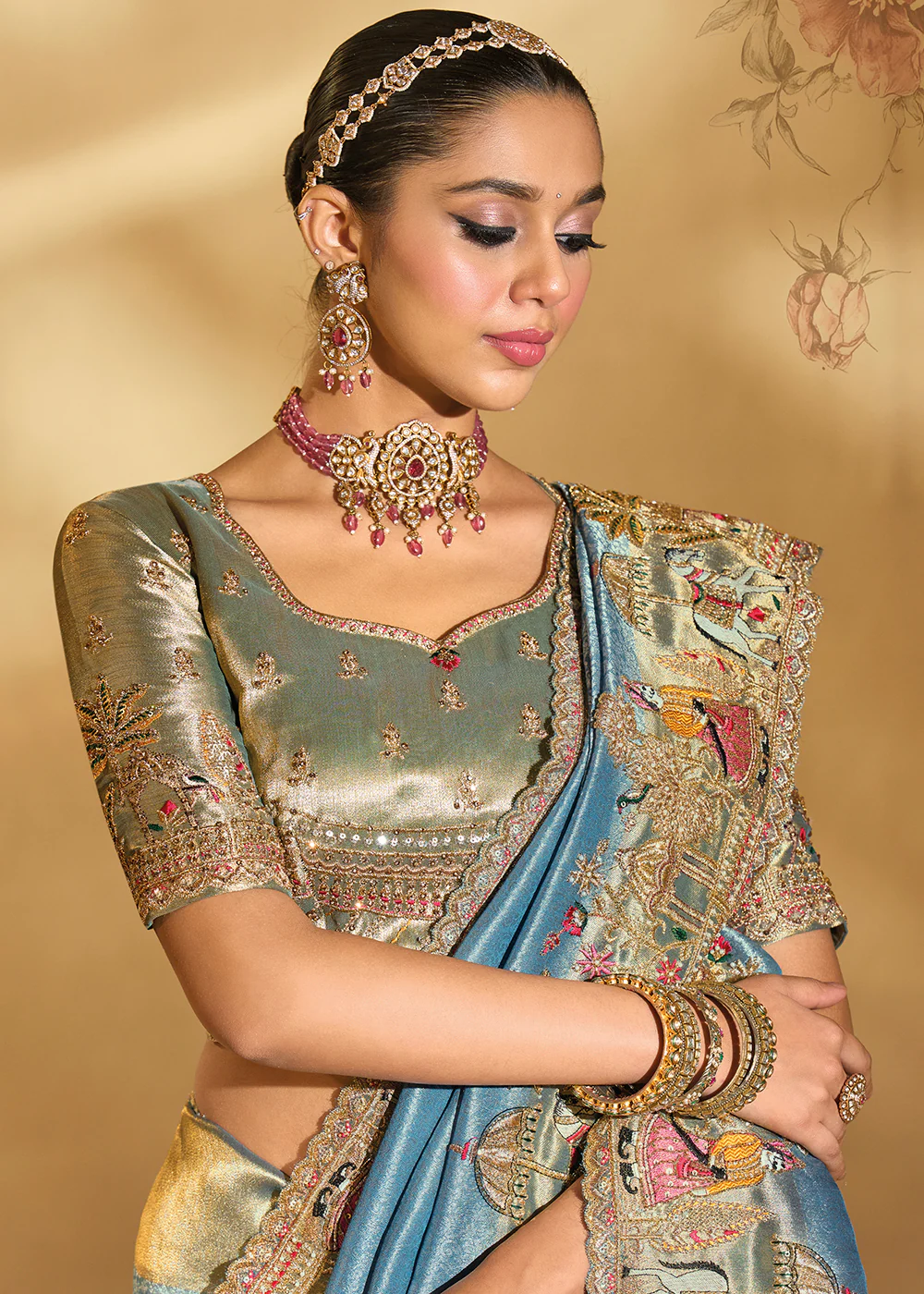 Traditional Livid Blue Heavy Embroidered Wedding Bridal Saree - Image 2