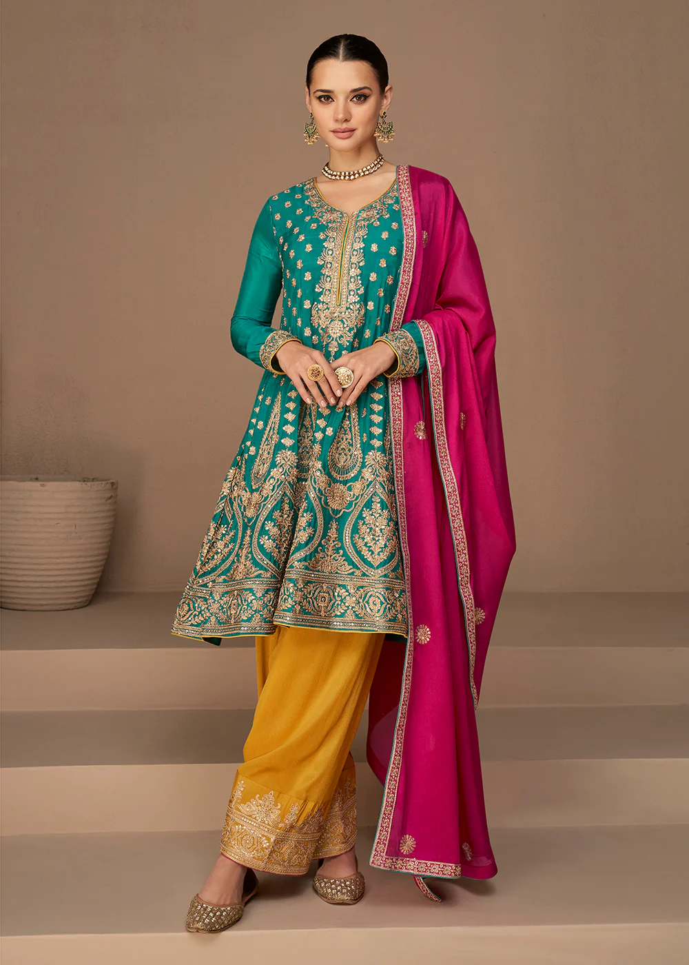 Traditional Look Aqua Blue Chinon Silk Punjabi Style Suit