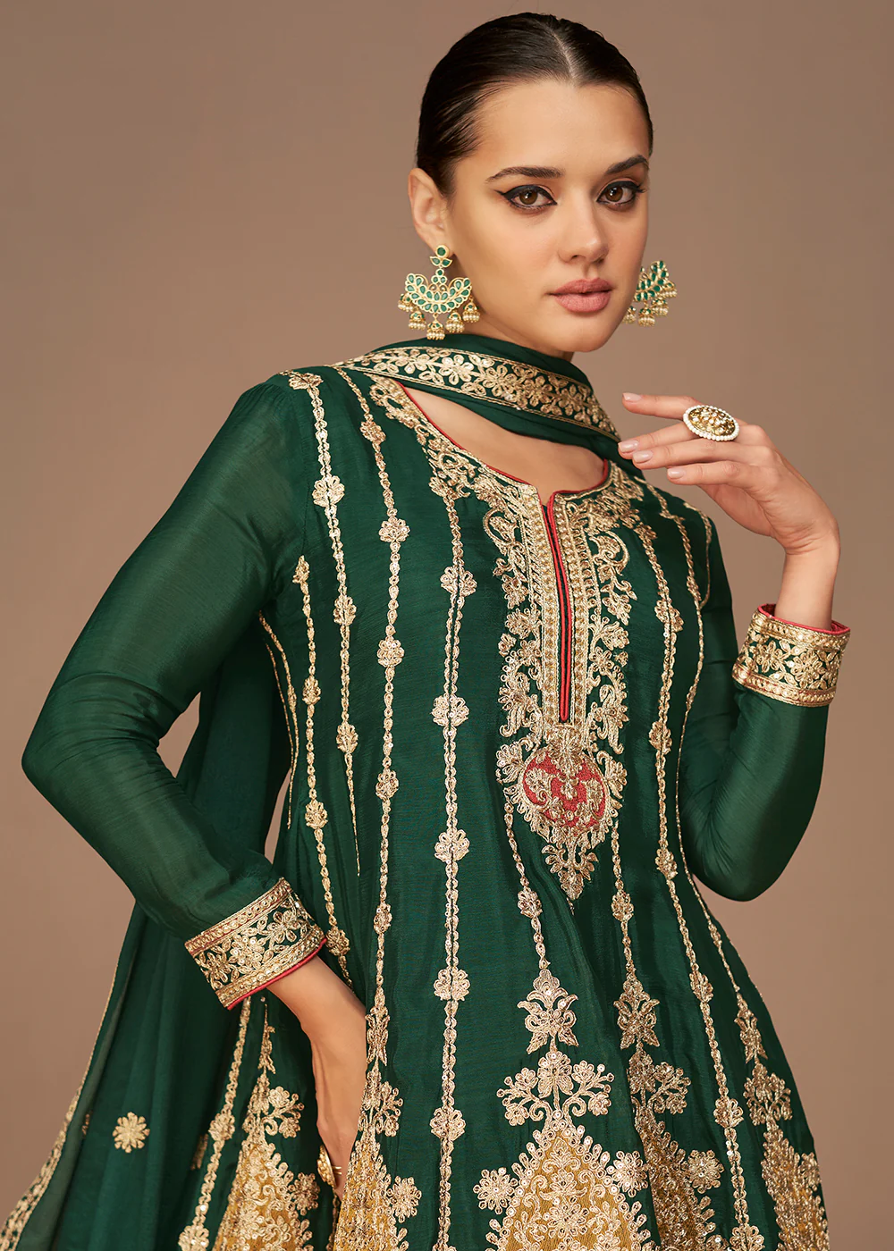 Traditional Look Dark Green Chinon Silk Punjabi Style Suit - Image 2