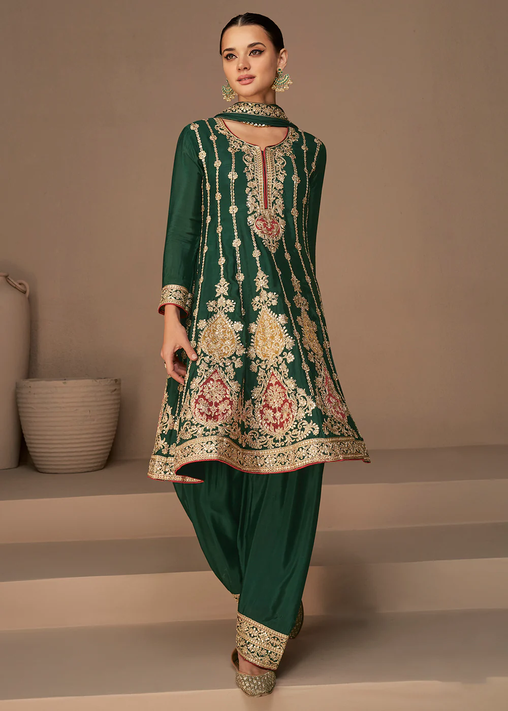 Traditional Look Dark Green Chinon Silk Punjabi Style Suit - Image 3