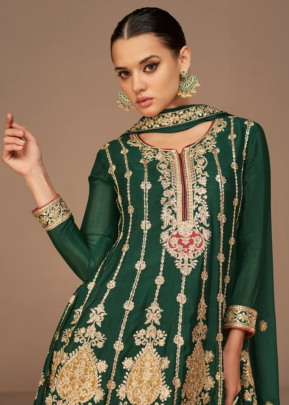 Traditional Look Dark Green Chinon Silk Punjabi Style Suit - Image 4