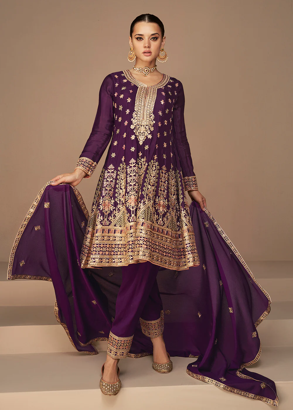 Traditional Look Wine Purple Chinon Silk Punjabi Style Suit - Image 3