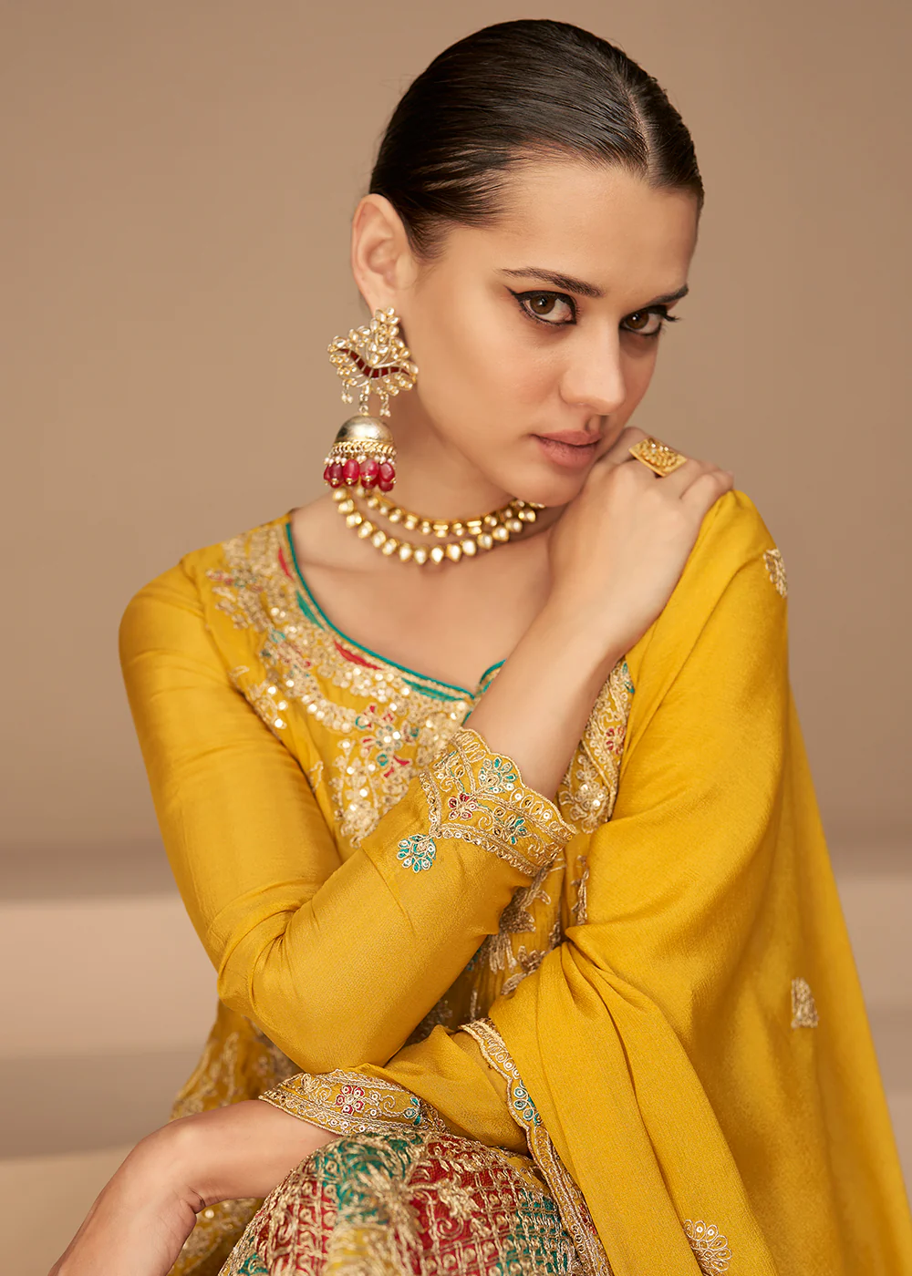 Traditional Look Yellow Chinon Silk Punjabi Style Suit - Image 2