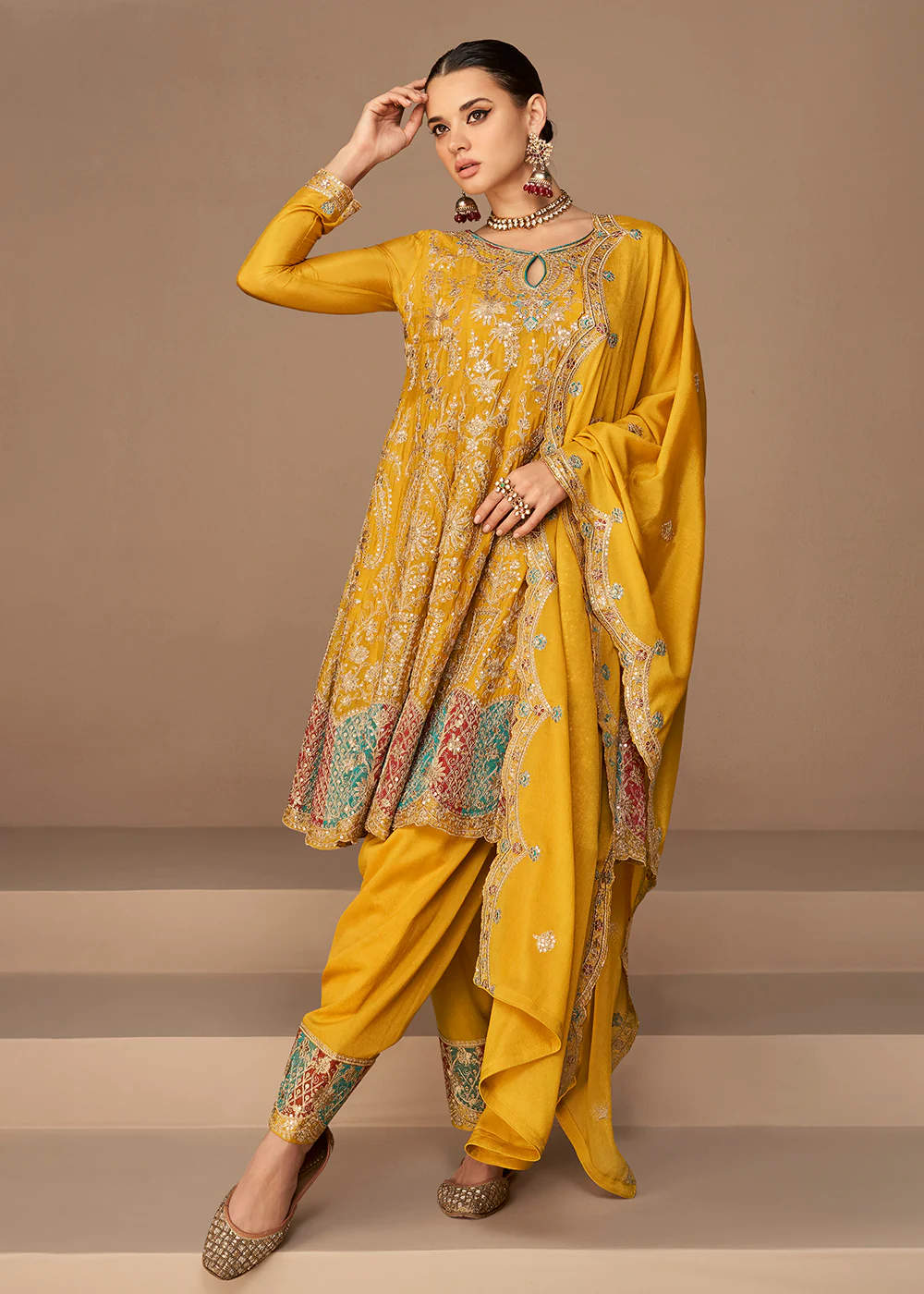Traditional Look Yellow Chinon Silk Punjabi Style Suit - Image 3