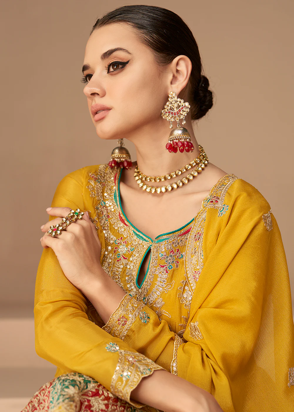 Traditional Look Yellow Chinon Silk Punjabi Style Suit - Image 4