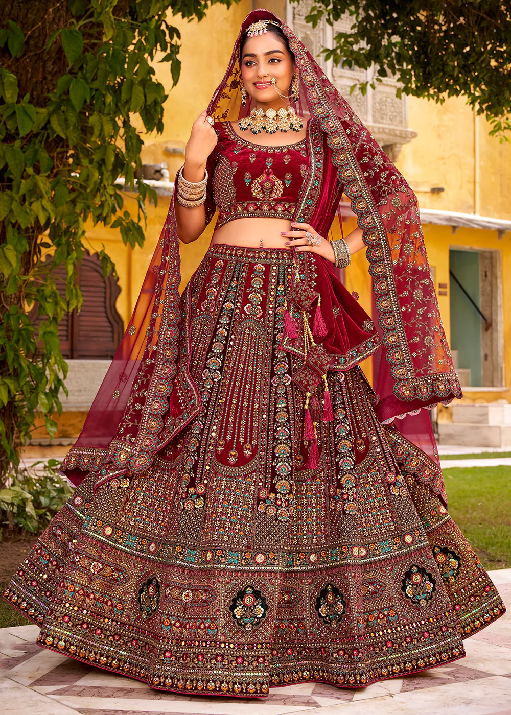 Traditional Maroon Bridal Style Embroidered Lehenga Choli