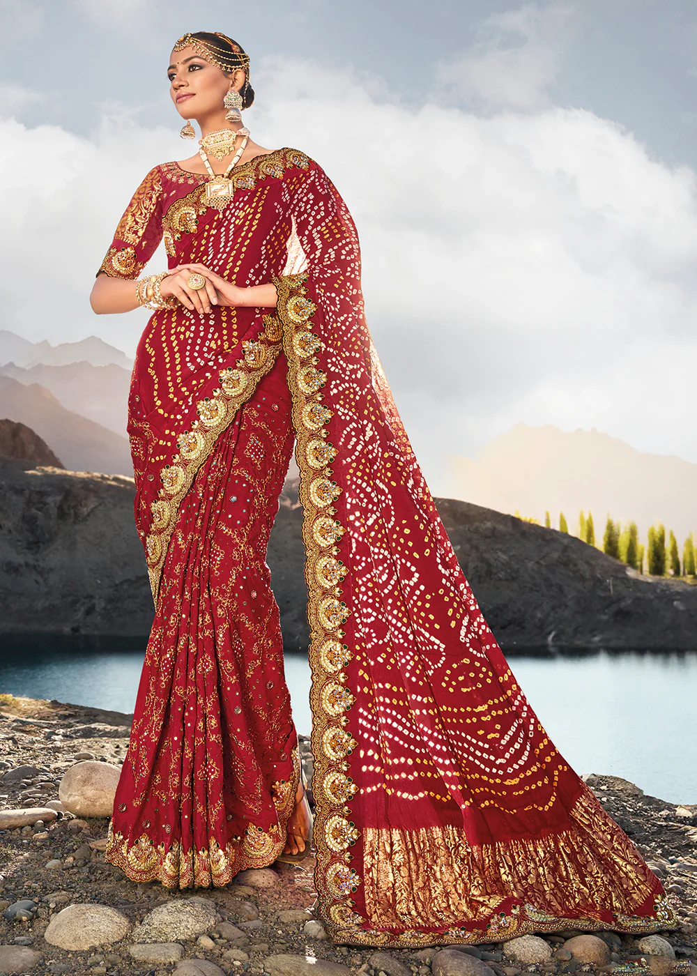 Traditional Maroon Embroidered Kachhi Bandhej Sateen Saree