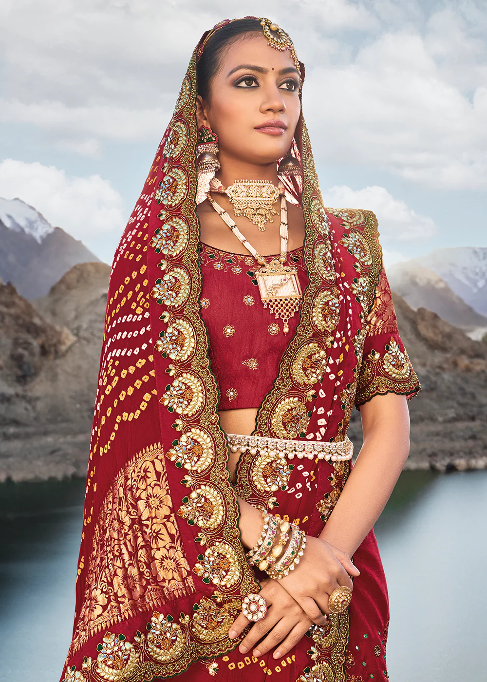 Traditional Maroon Embroidered Kachhi Bandhej Sateen Saree - Image 2