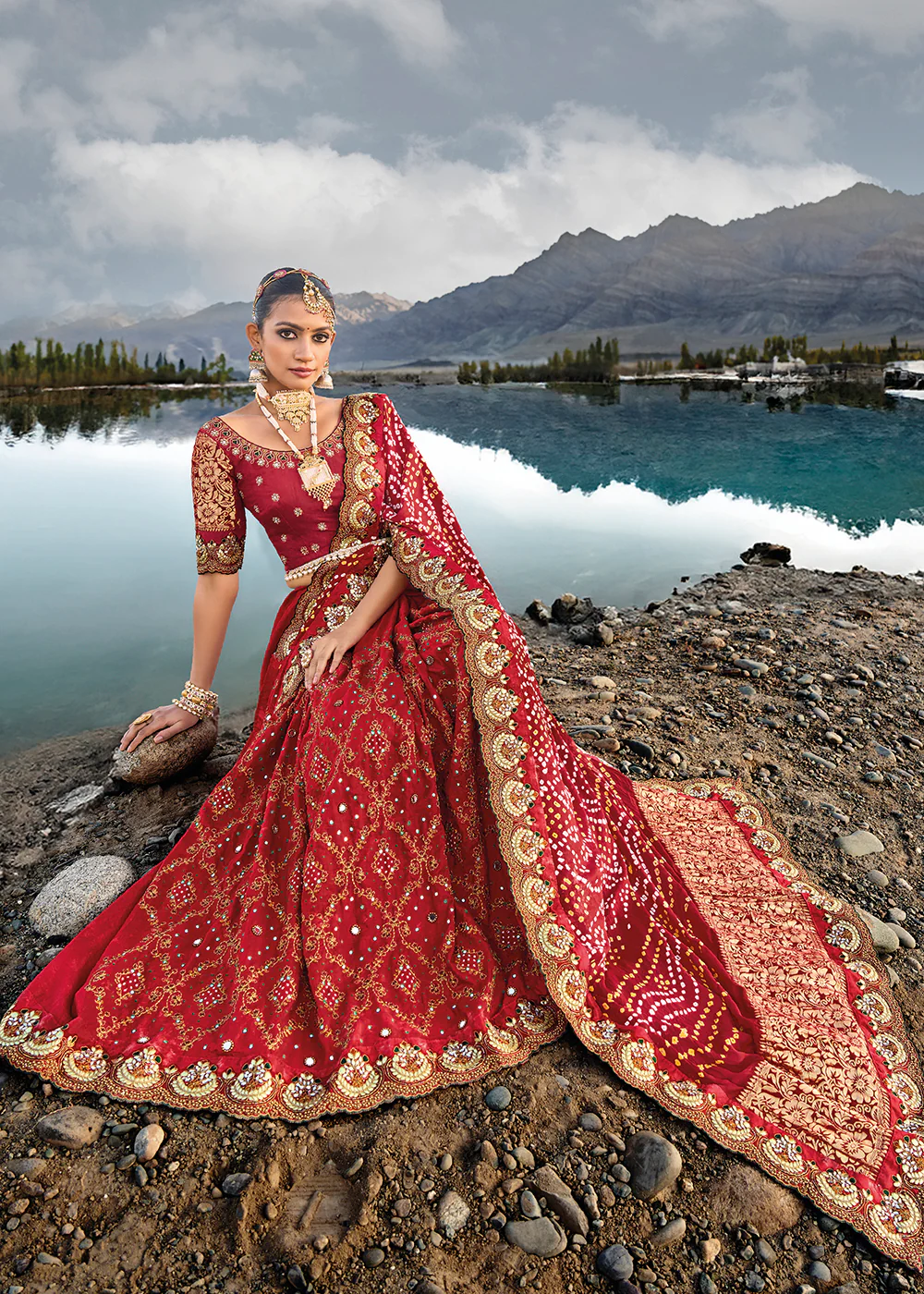 Traditional Maroon Embroidered Kachhi Bandhej Sateen Saree - Image 3