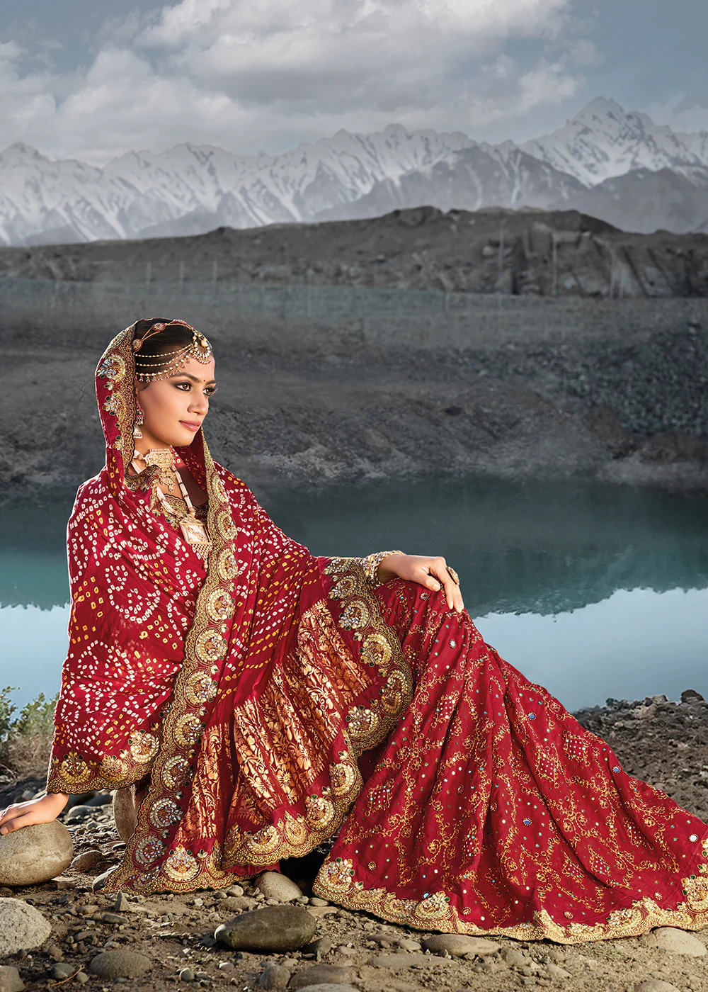 Traditional Maroon Embroidered Kachhi Bandhej Sateen Saree - Image 4