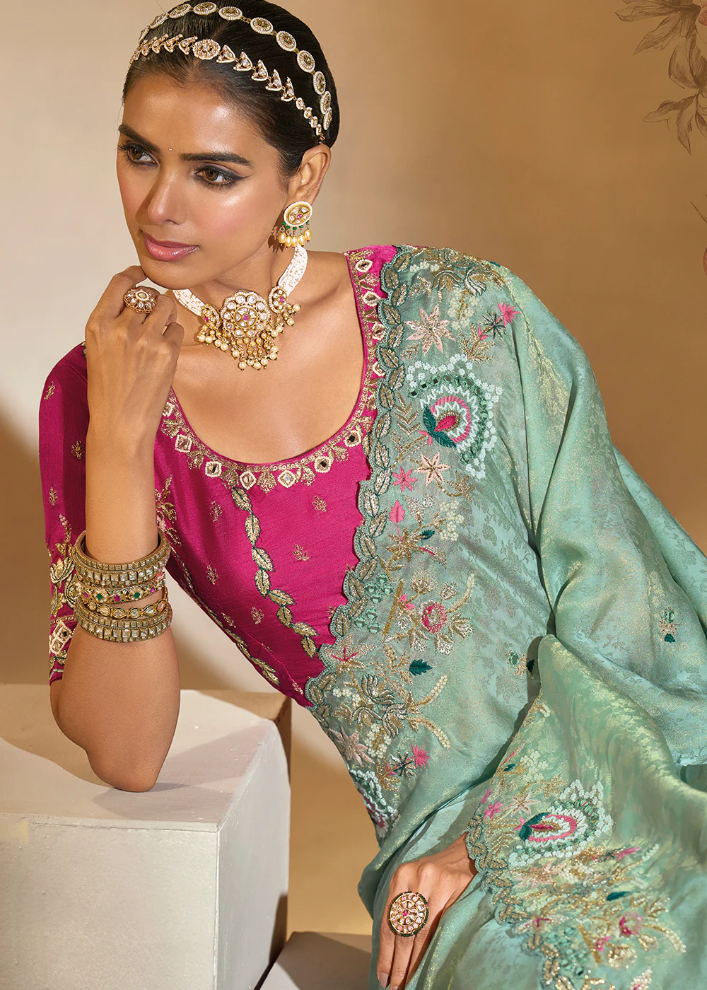 Traditional Mint Green Heavy Embroidered Wedding Bridal Saree - Image 2