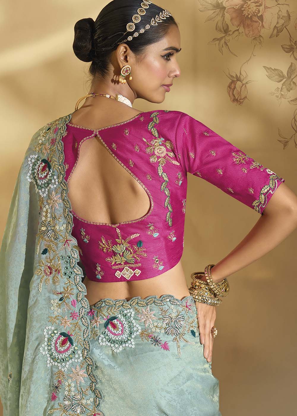Traditional Mint Green Heavy Embroidered Wedding Bridal Saree - Image 3