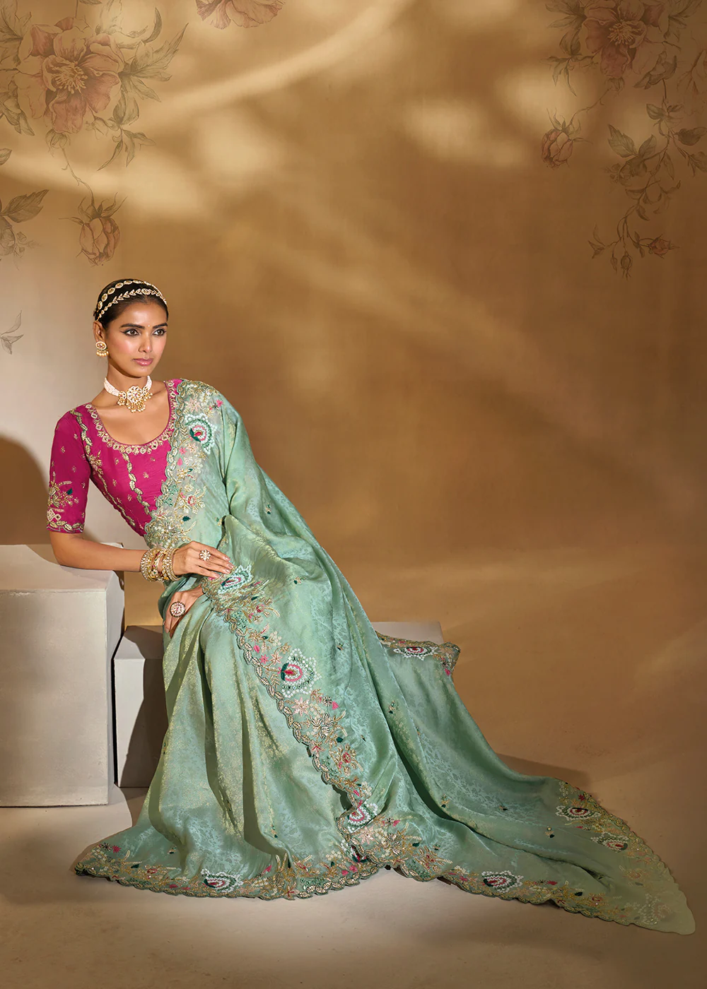 Traditional Mint Green Heavy Embroidered Wedding Bridal Saree - Image 4