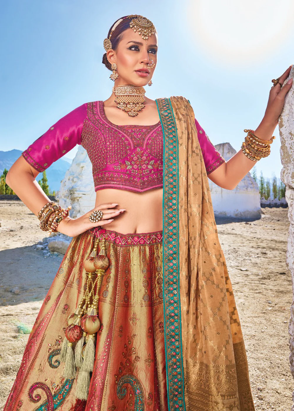 Traditional Multicolor Banarasi Silk Embroidered Bridal Lehenga Choli - Image 2
