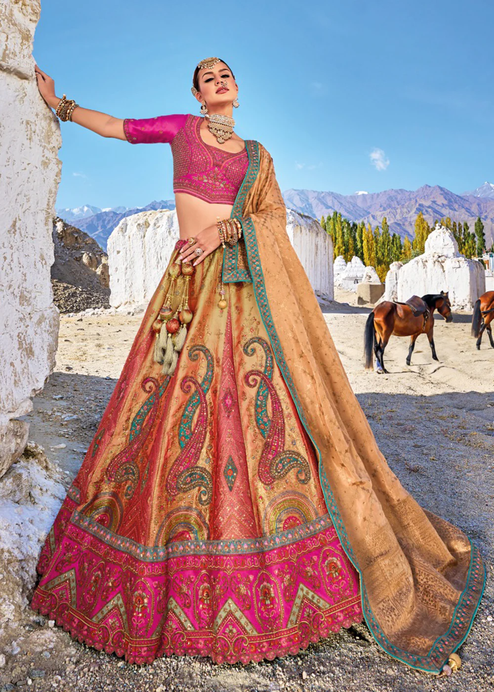Traditional Multicolor Banarasi Silk Embroidered Bridal Lehenga Choli - Image 3
