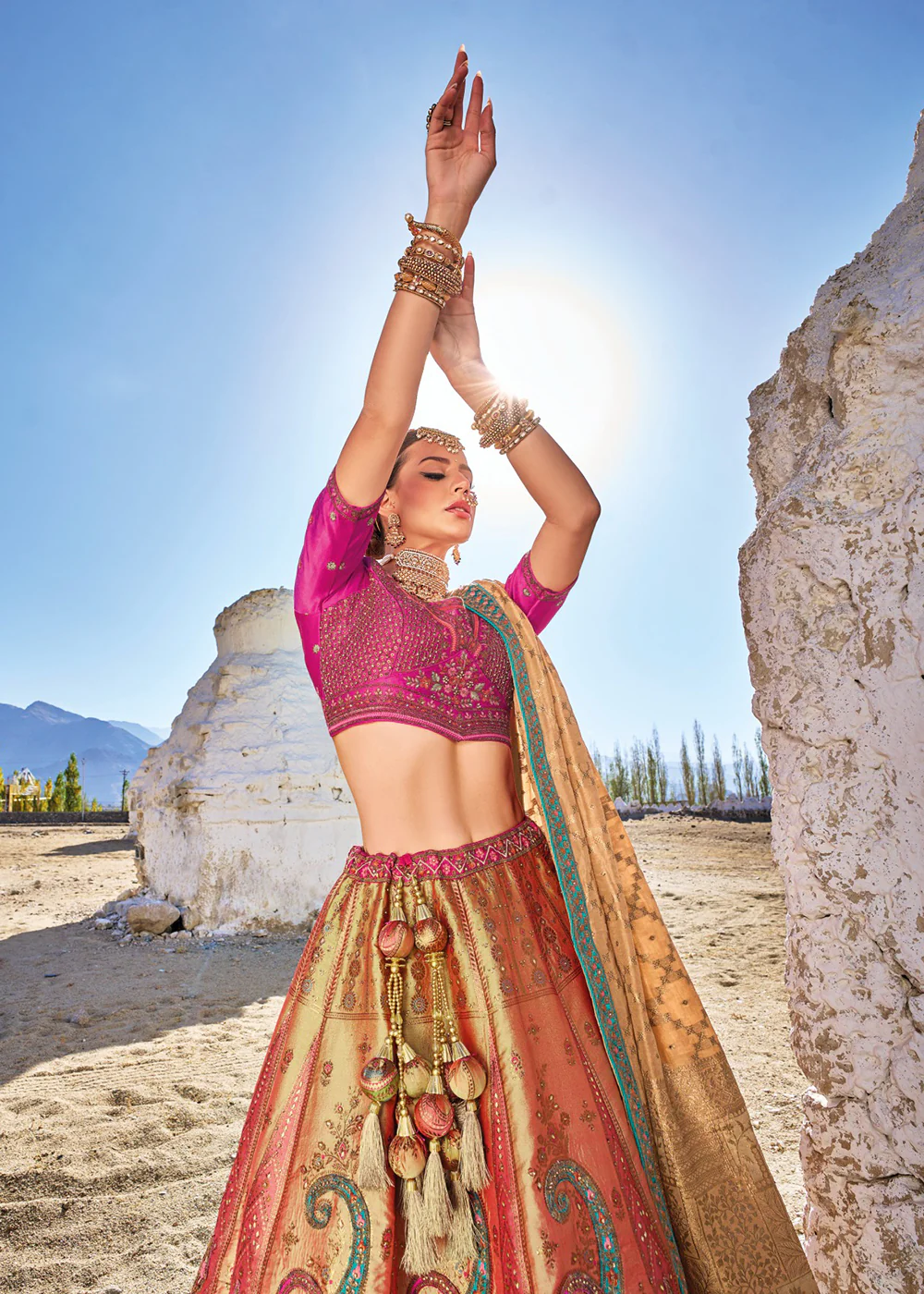 Traditional Multicolor Banarasi Silk Embroidered Bridal Lehenga Choli - Image 4